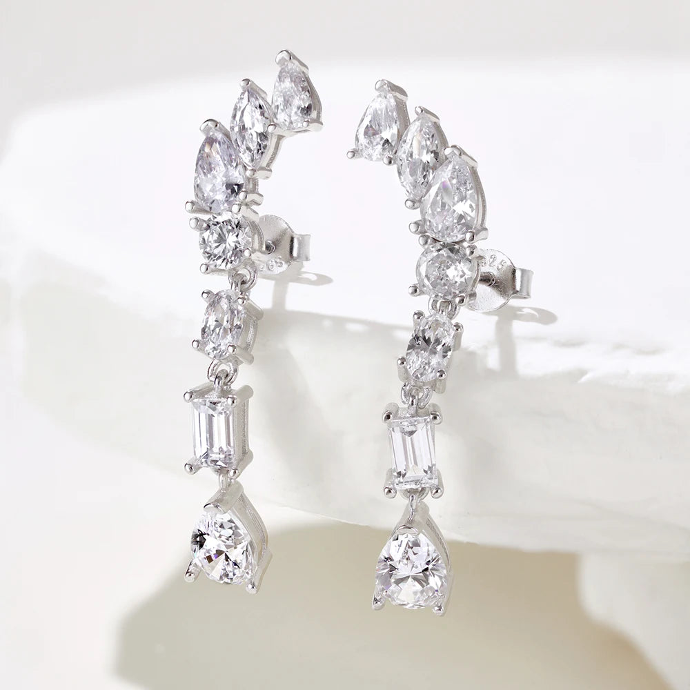 Silver Zircon Pear Cut Iced Tassel Tear Drop Earrings