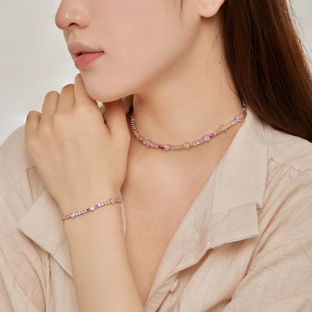 Silver Zircon Heart Cut Charm Tennis Bracelet