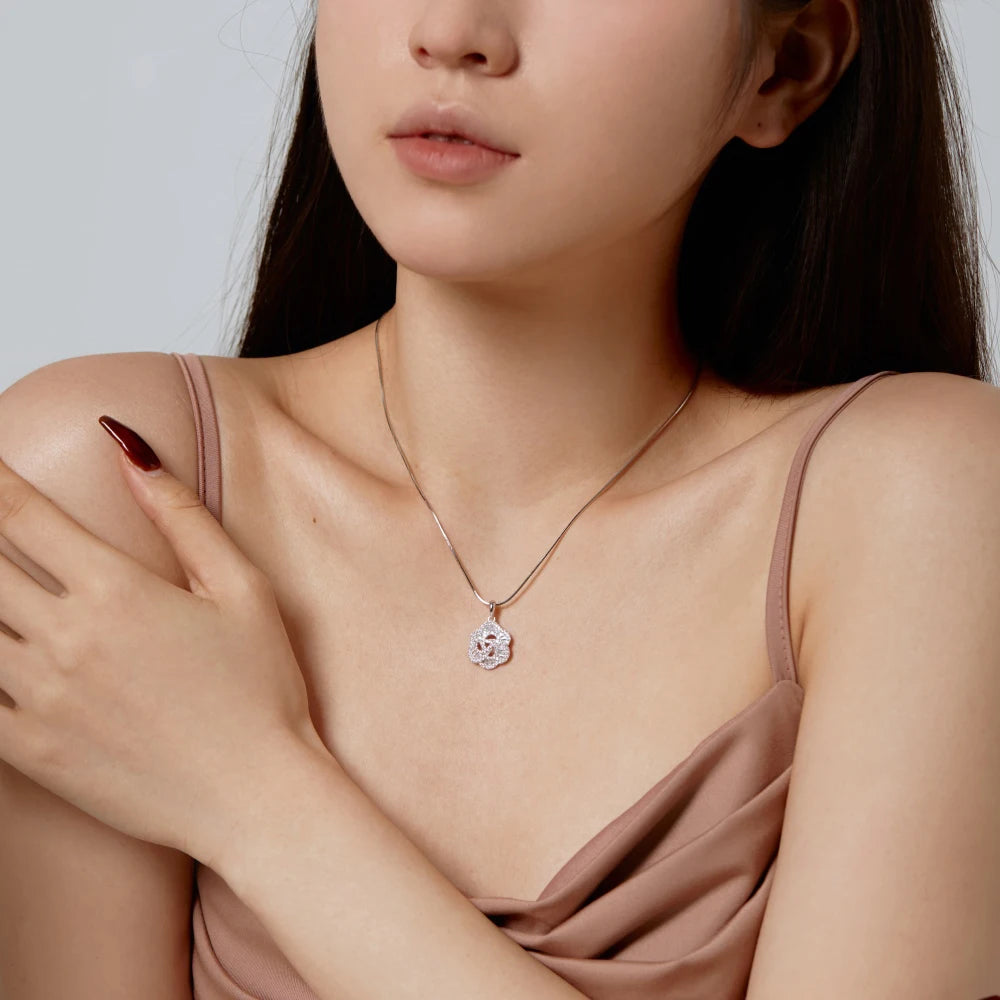 Silver Zircon Tapered Baguette Cut Iced Flower Pendant Necklace