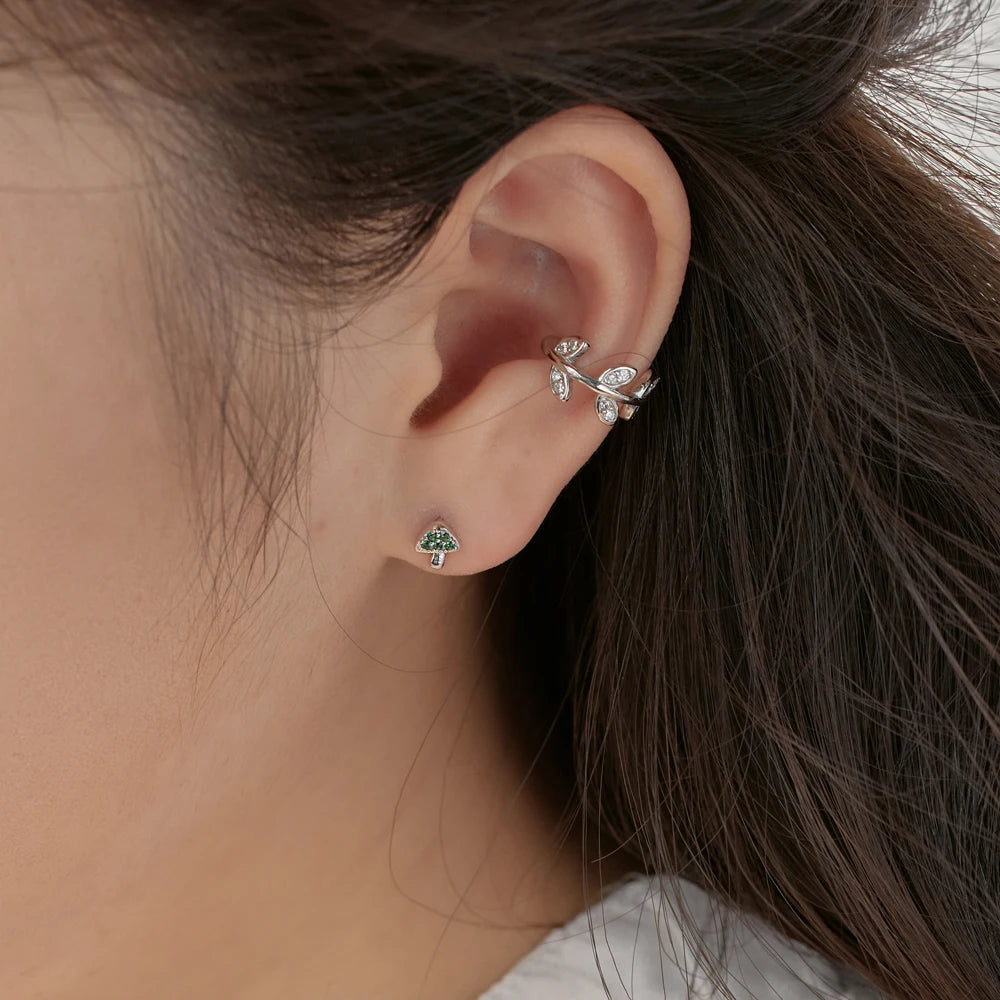 Silver Zircon Round Cut Mushroom Ear Studs
