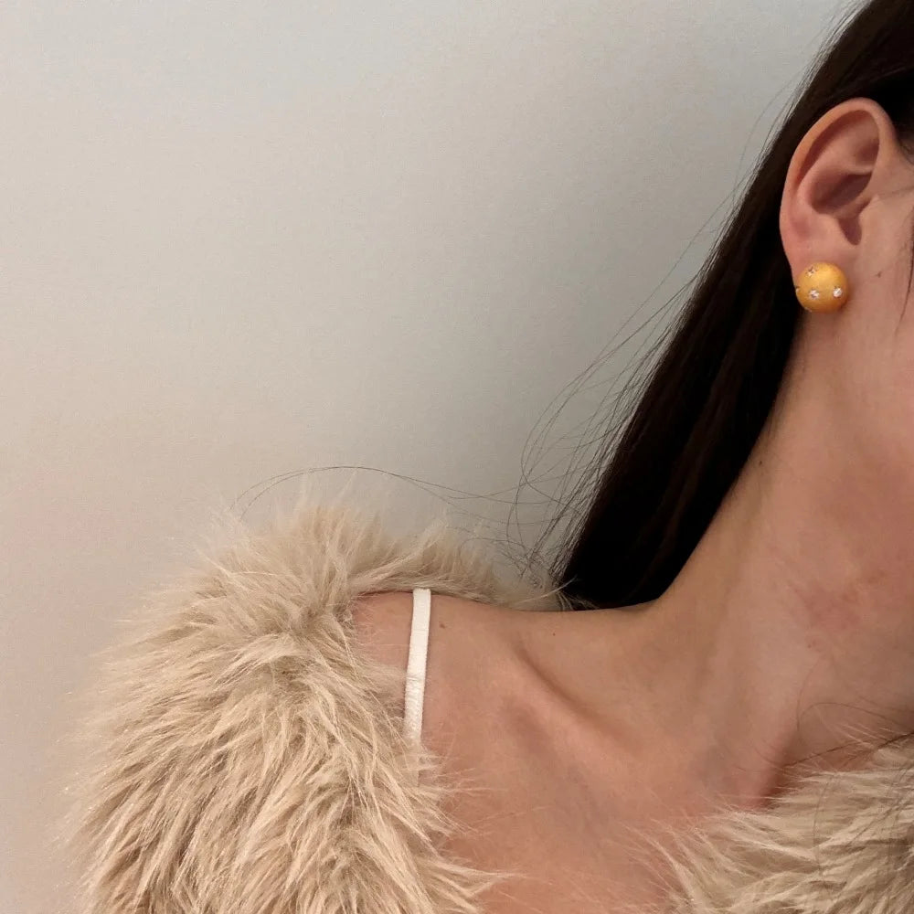 Silver Zircon Round Cut Brushed Inlaid Sphere Ear Studs