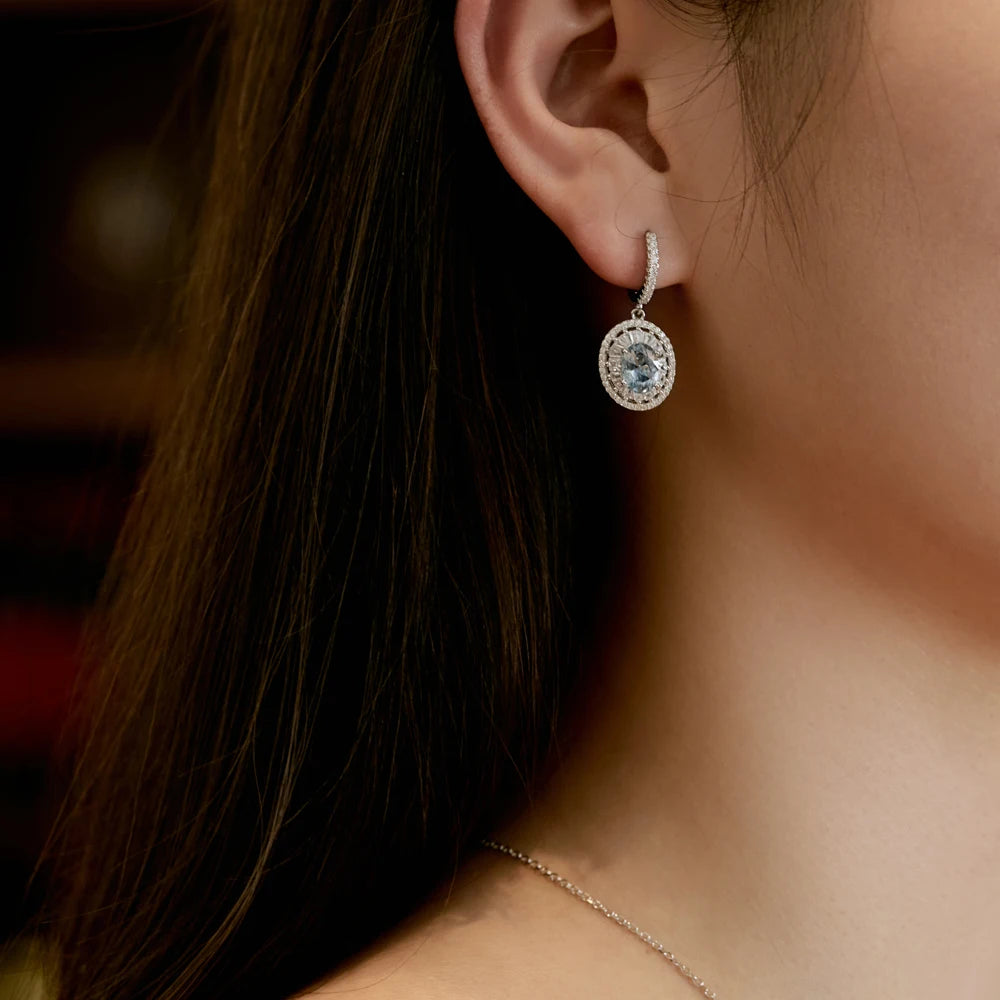 Silver Zircon Oval Cut Halo Ear Hoops