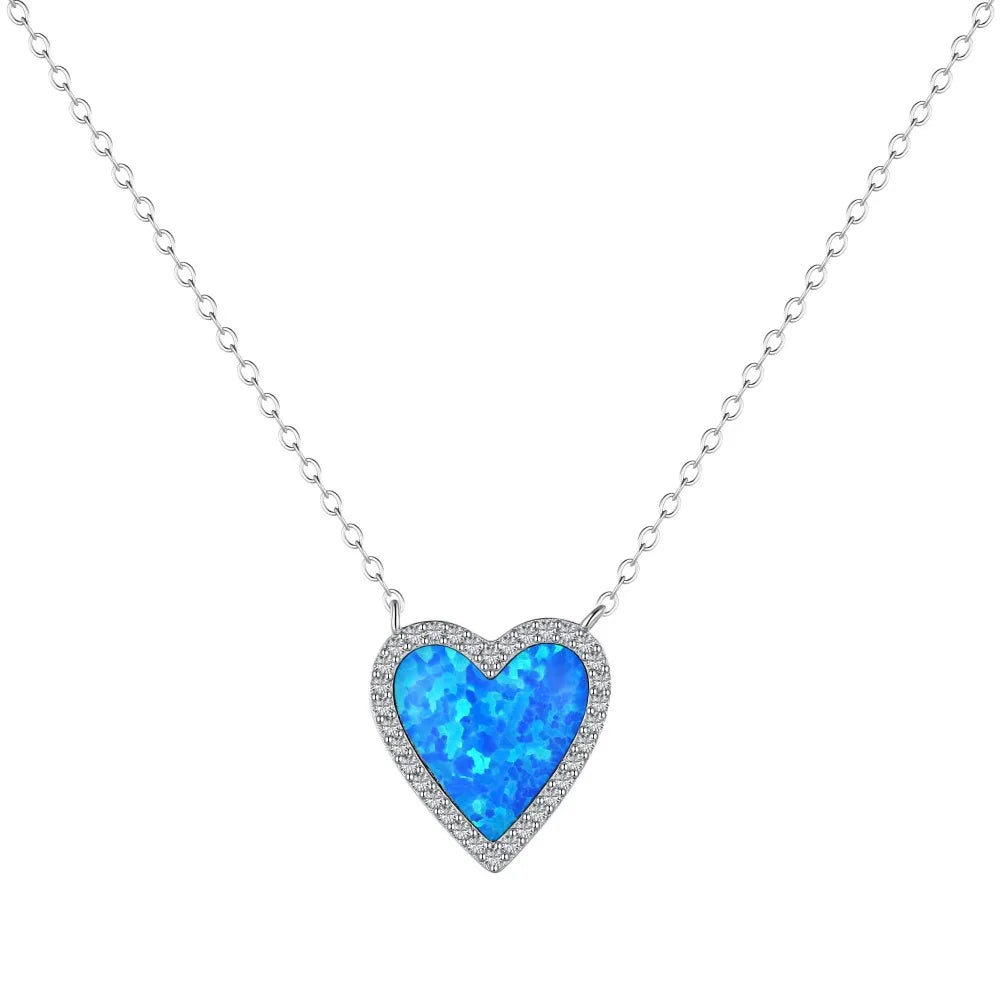 Silver Opal Heart Cut Halo Pendant Necklace