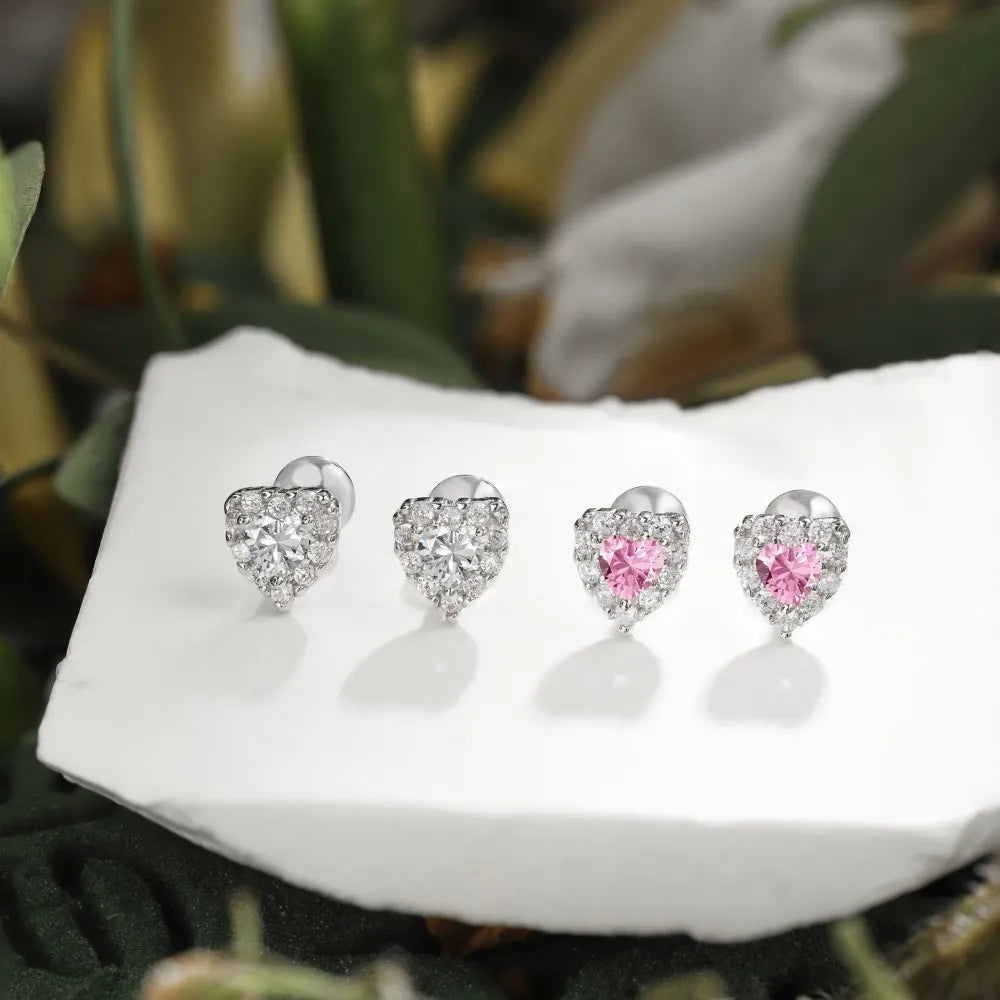 Silver Zircon Heart Cut Inlaid Halo Ear Studs