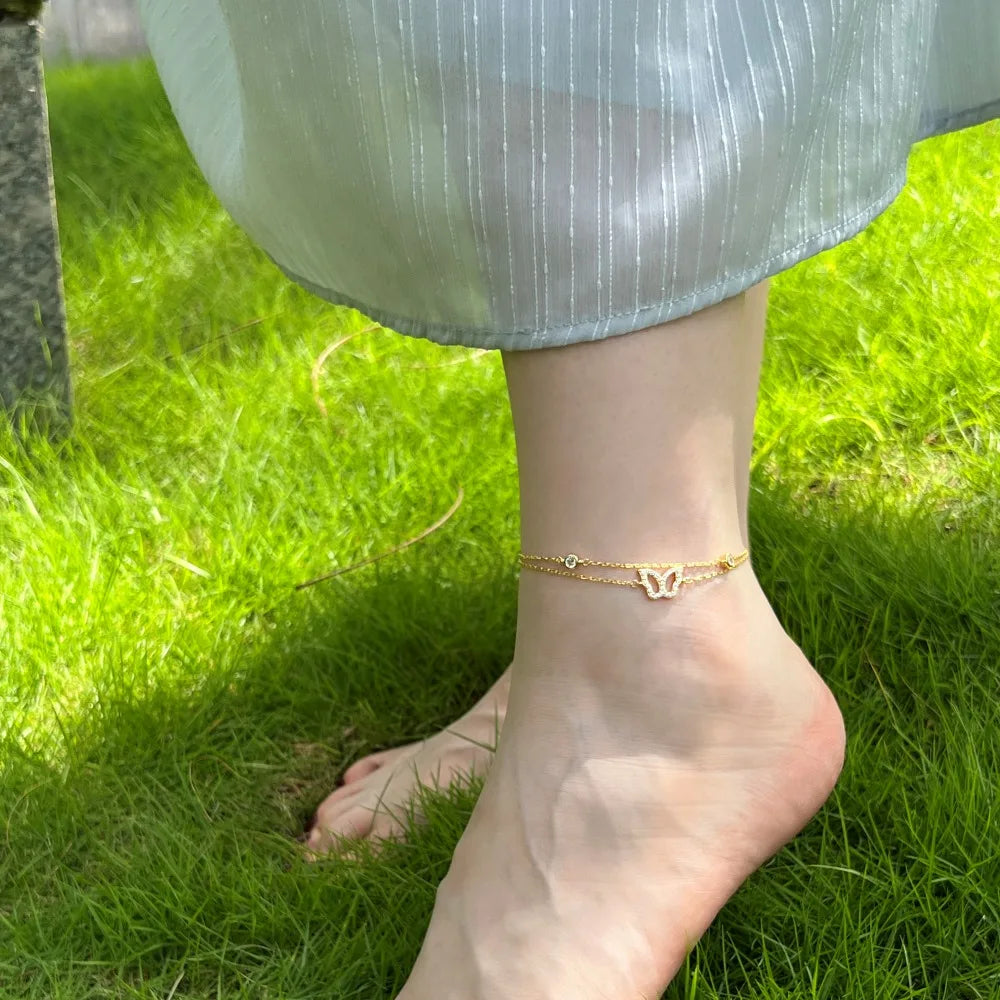 Silver Zircon Round Cut Butterfly Anklet