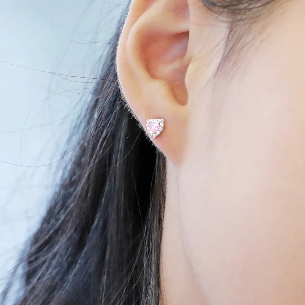 Silver Zircon Heart Cut Inlaid Halo Ear Studs