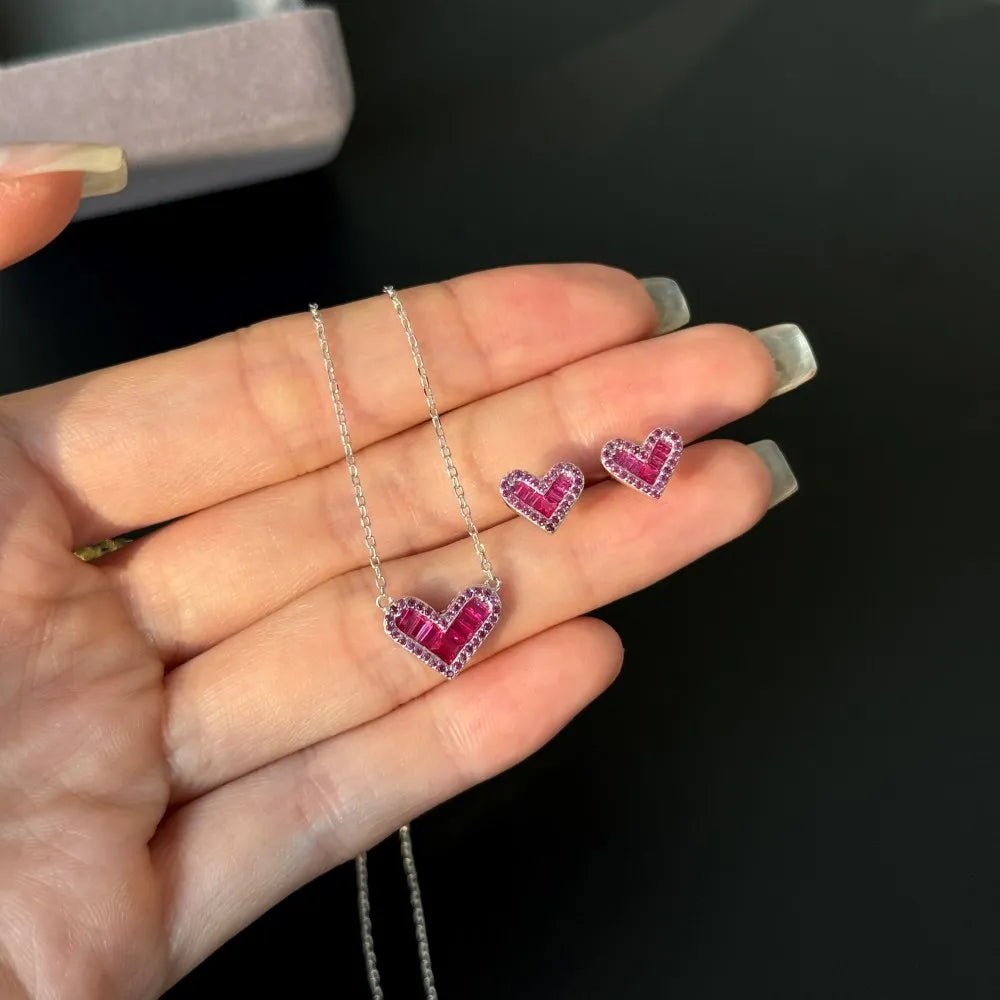 Silver Zircon Princess Cut Iced Halo Heart Pendant Necklace