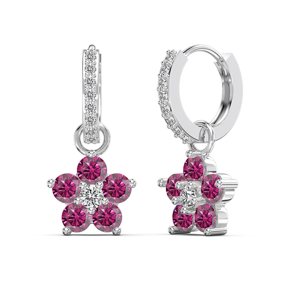 Silver Zircon Round Cut Drop Flower Ear Hoops