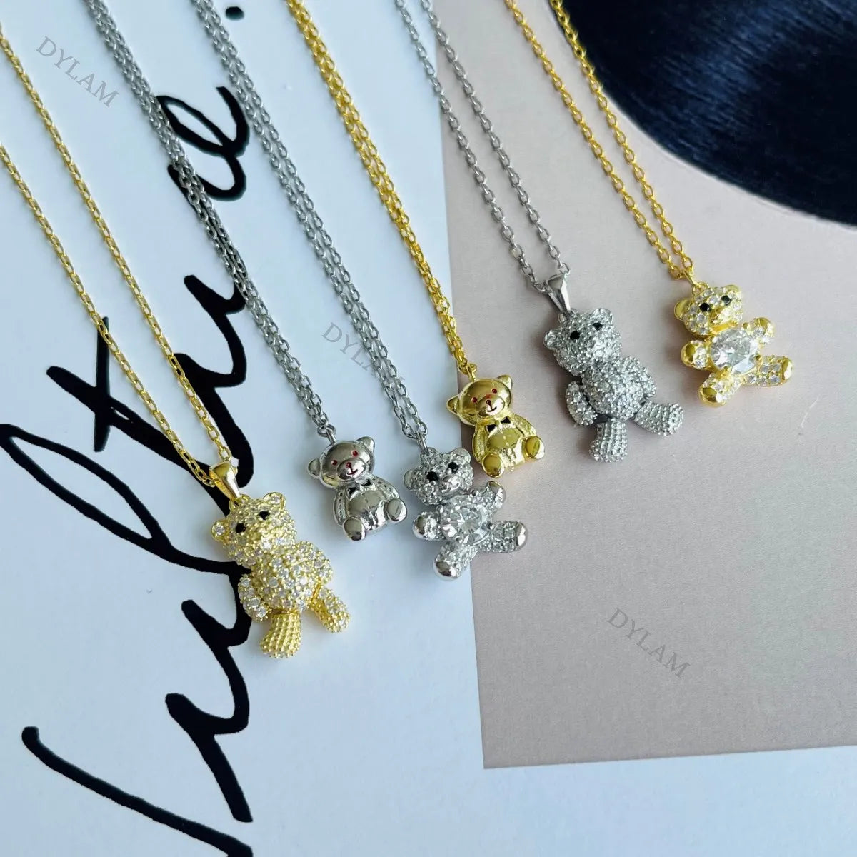 Silver Zircon Round Cut Bear Pendant Necklace