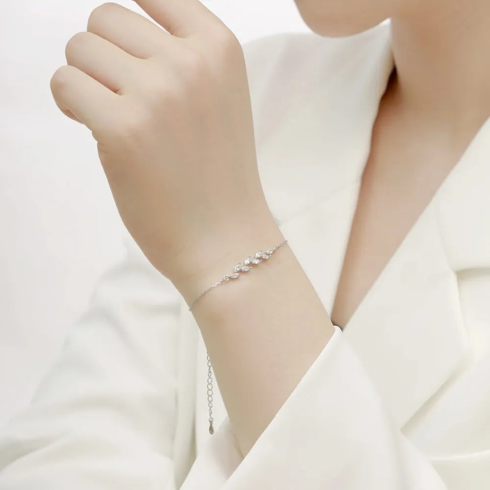 Silver Zircon Round Cut Wheat Chain Bracelet