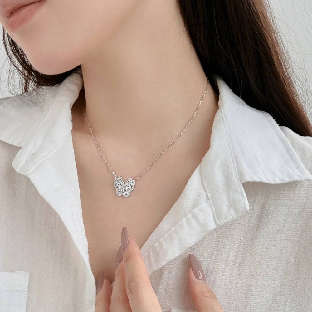 Silver Zircon Marquise Cut Iced Butterfly Pendant Necklace