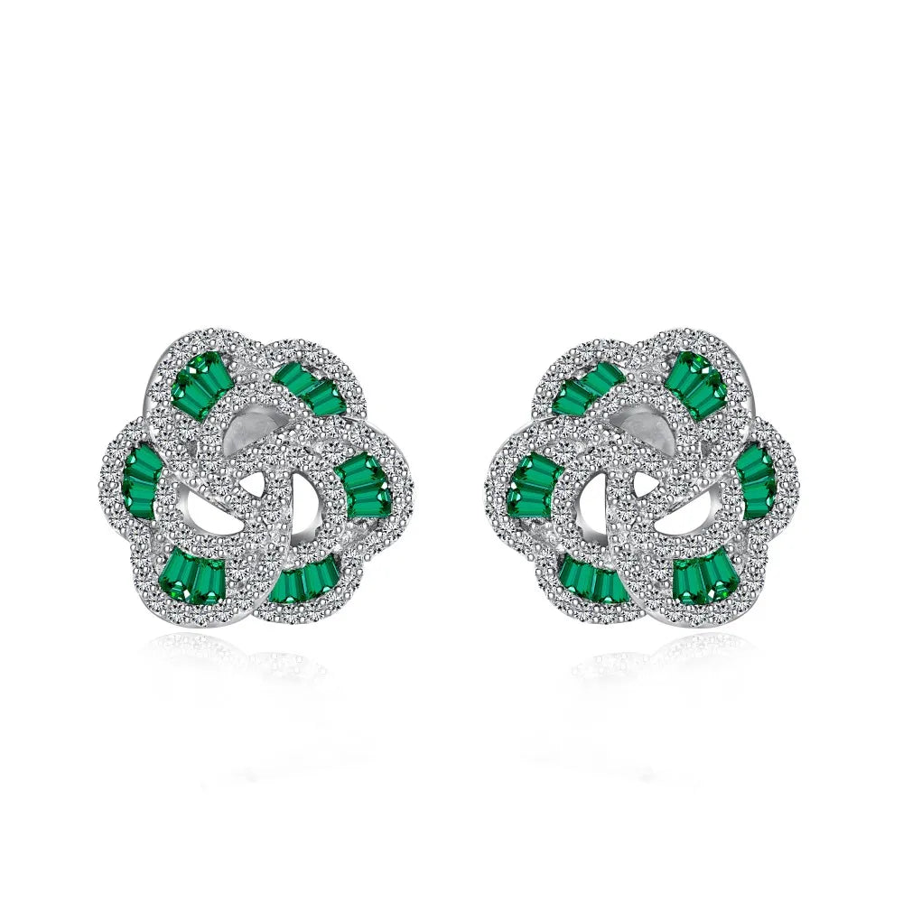 Silver Zircon Tapered Baguette Cut Iced Flower Ear Studs