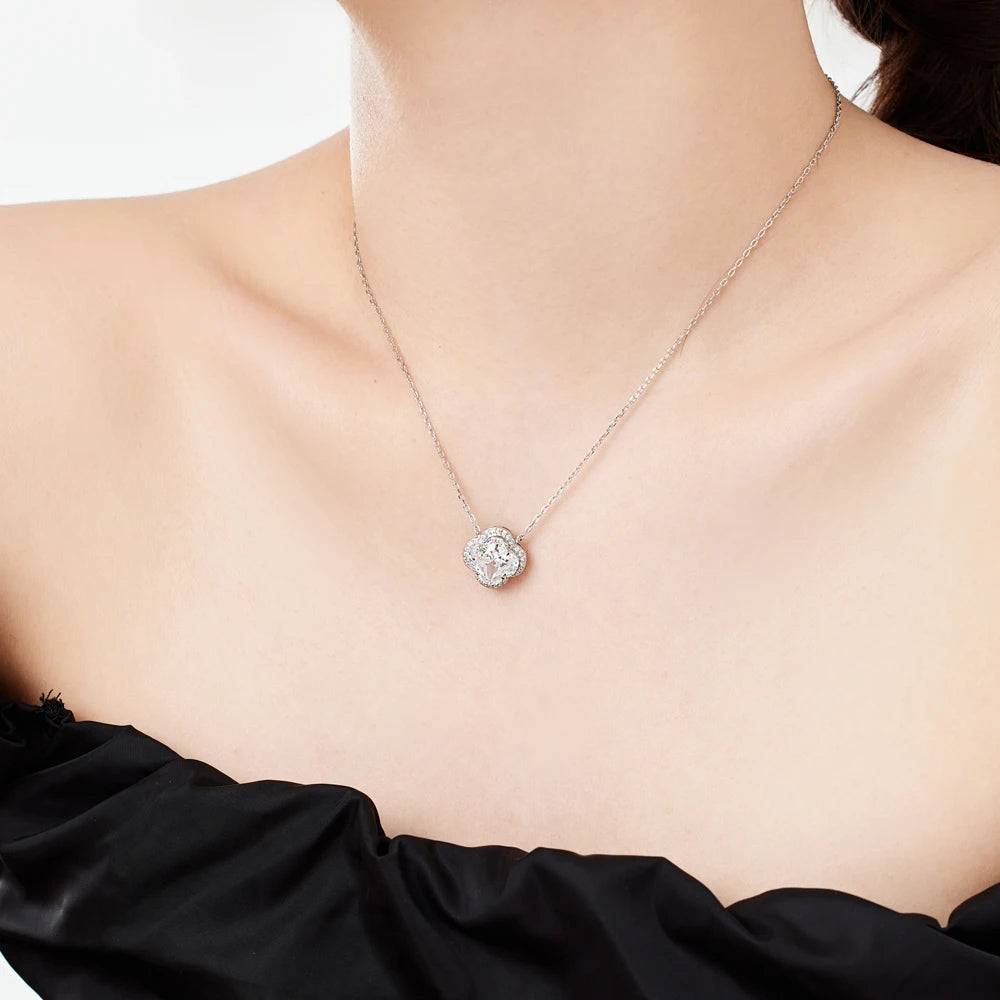 Silver Zircon Clover Cut Clover Pendant Necklace