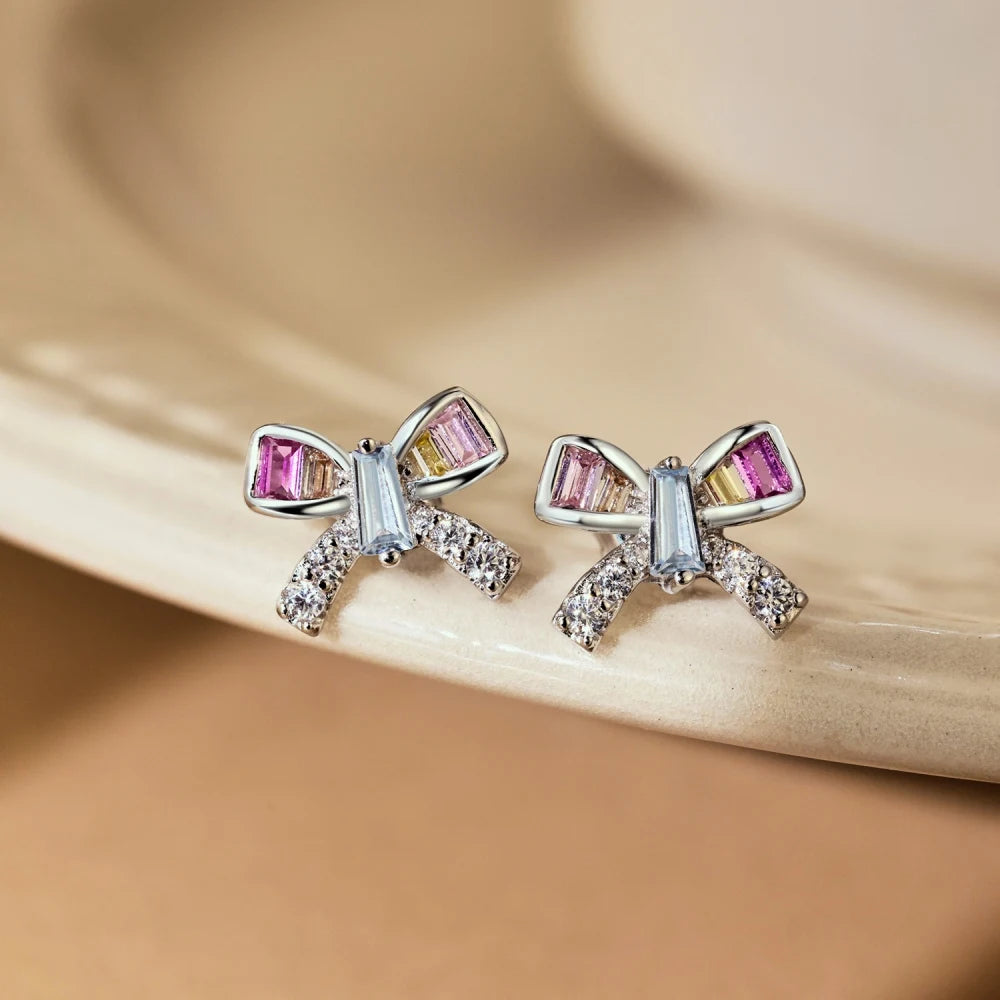 Silver Zircon Baguette Cut Bow Tie Ear Studs