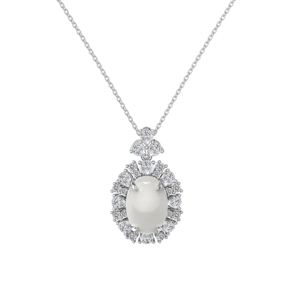 Silver Chalcedony Oval Cut Halo Flower Pendant Necklace