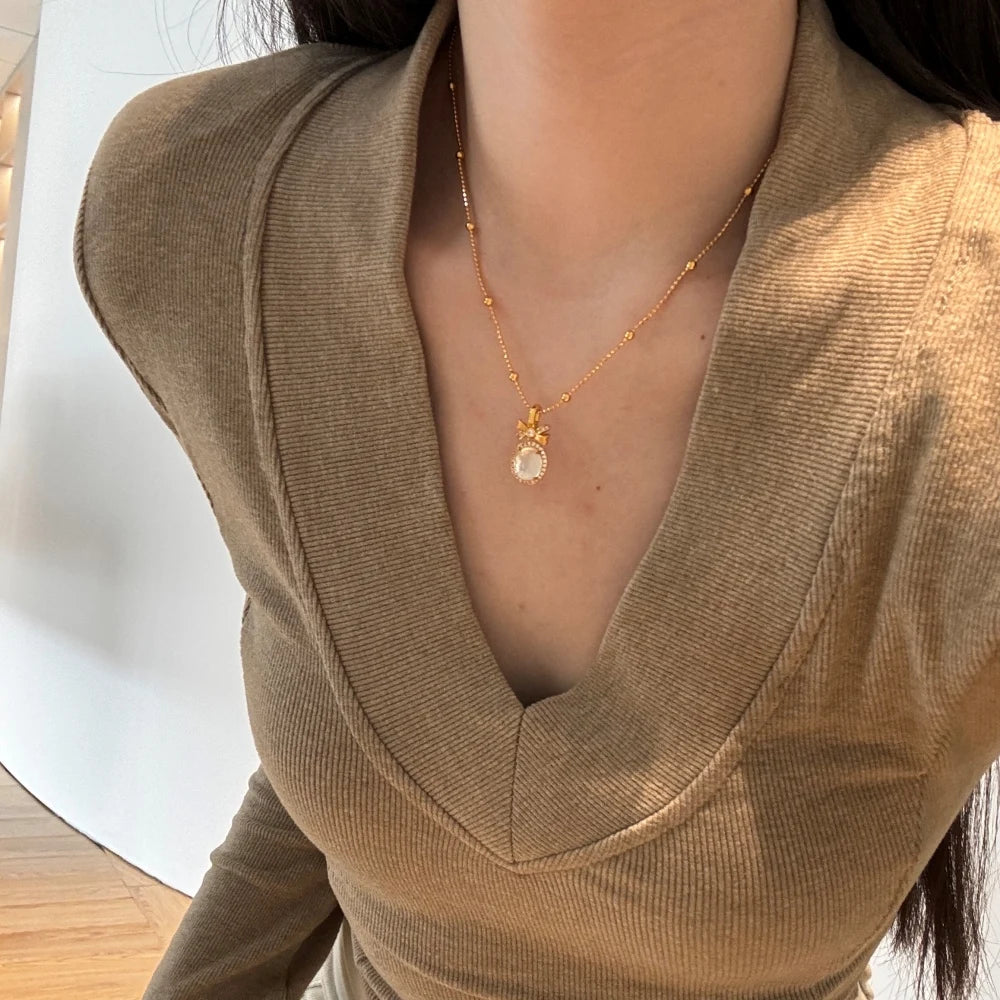 Silver Jade Cut Bow Knot Pendant Necklace