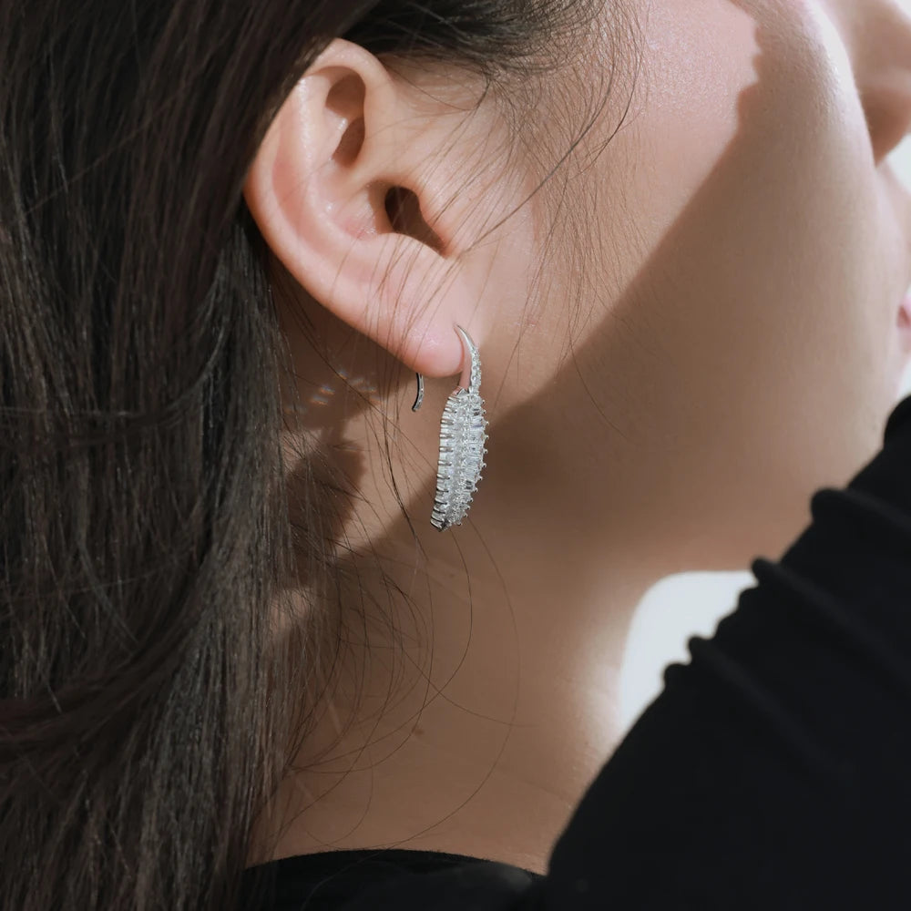 Silver Zircon Emerald Cut Iced Leaf Drop Earrings