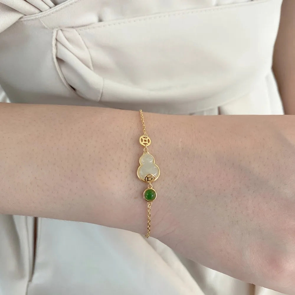 Silver Jade Cut Gourd Chain Bracelet
