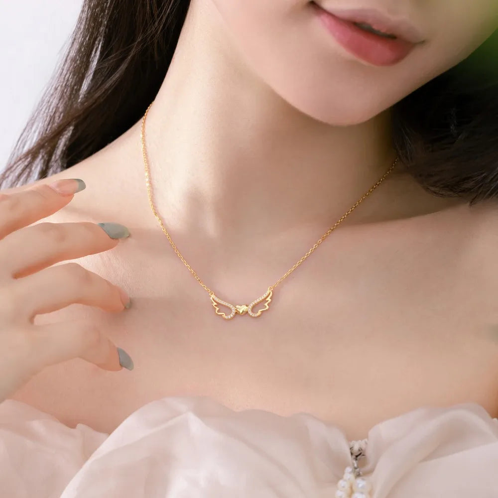 Silver Zircon Round Cut Inlaid Heart Wings Bar Necklace