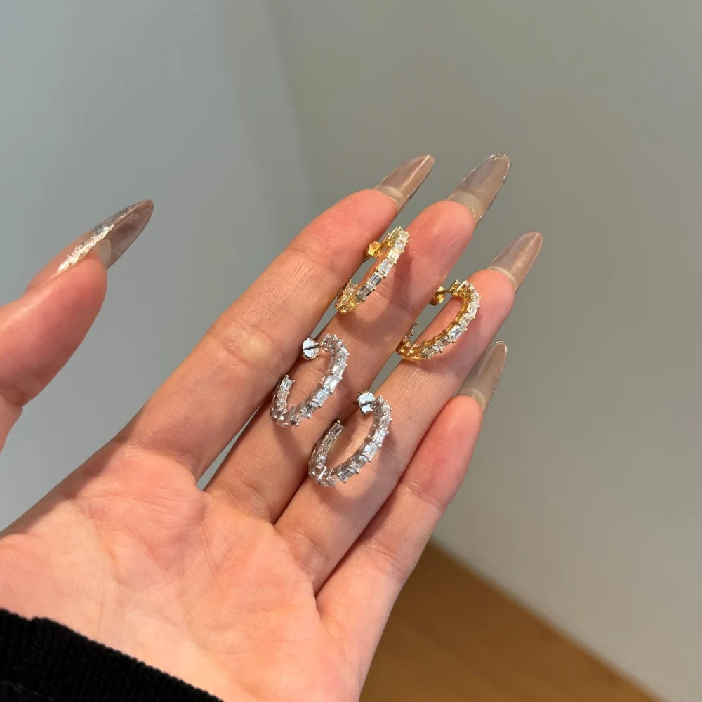 Silver Zircon Cushion Cut Hook Inlaid Ear Hoops