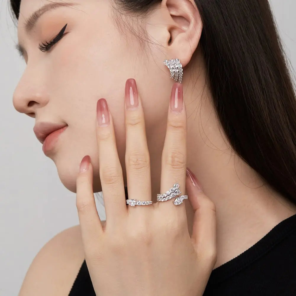 Silver Zircon Round Cut Tassel Ear Studs