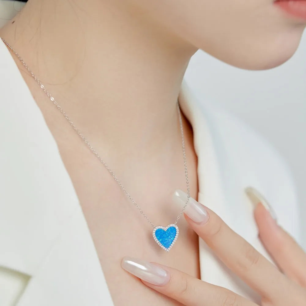 Silver Opal Heart Cut Halo Pendant Necklace