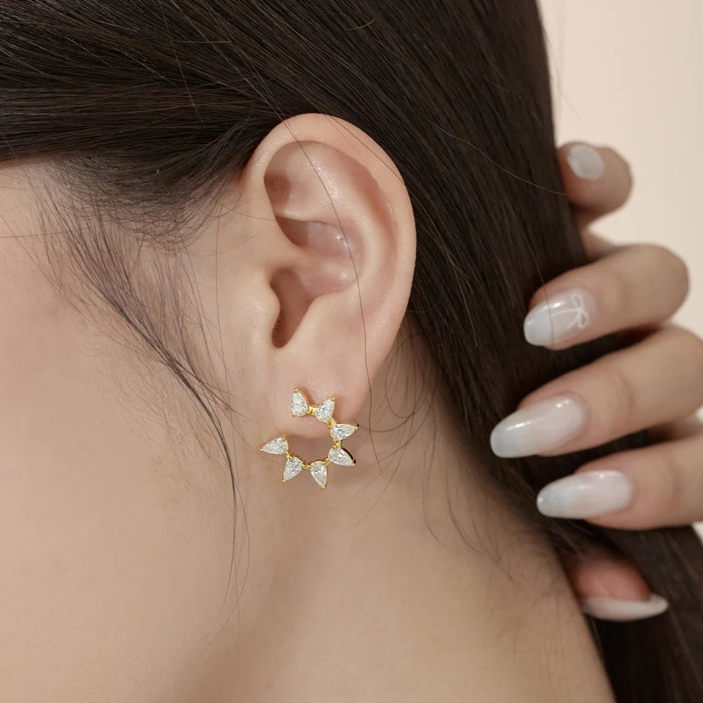Silver Zircon Pear Cut Inlaid Layered Flower Ear Studs