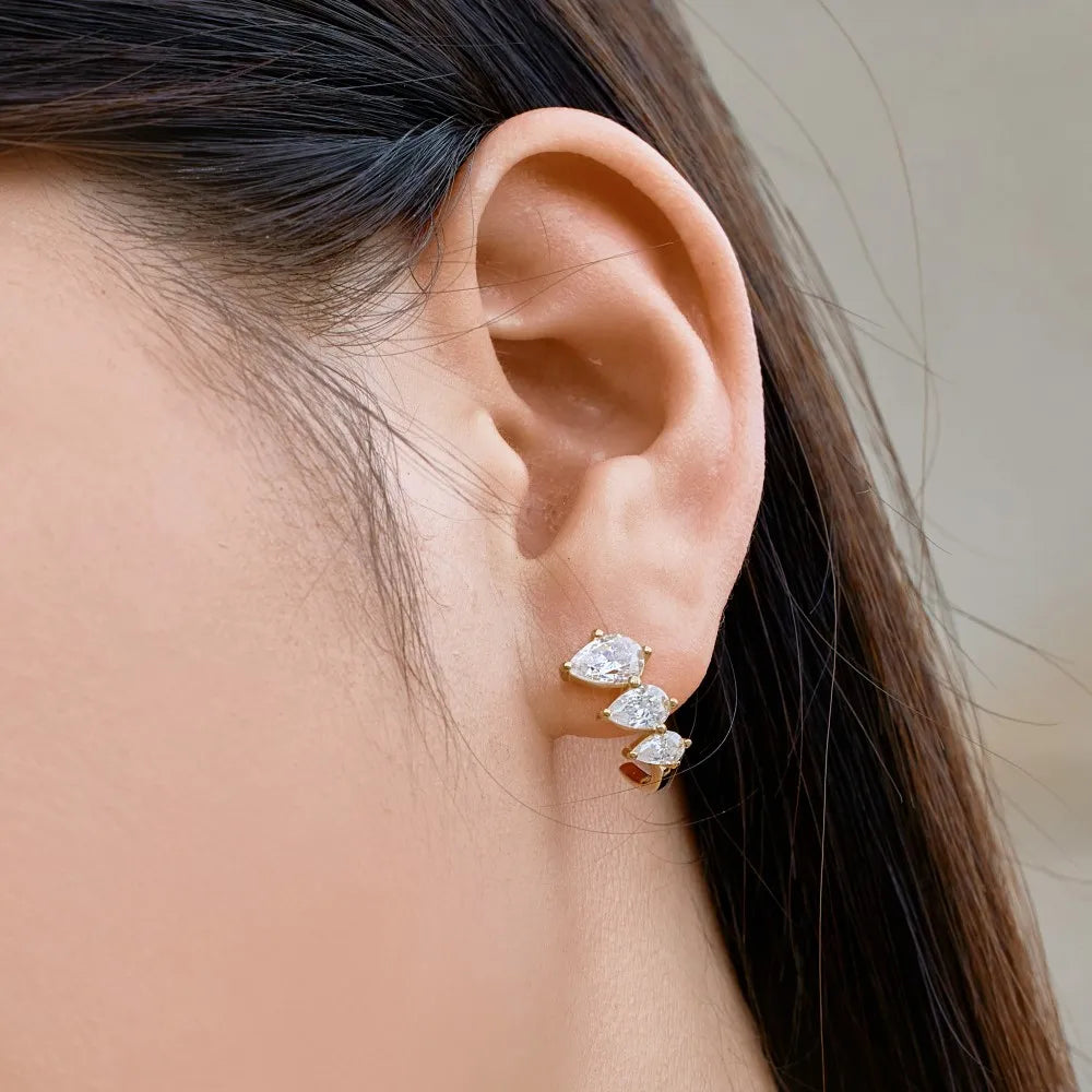 Silver Zircon Pear Cut Layered Hook Water Drop Ear Studs