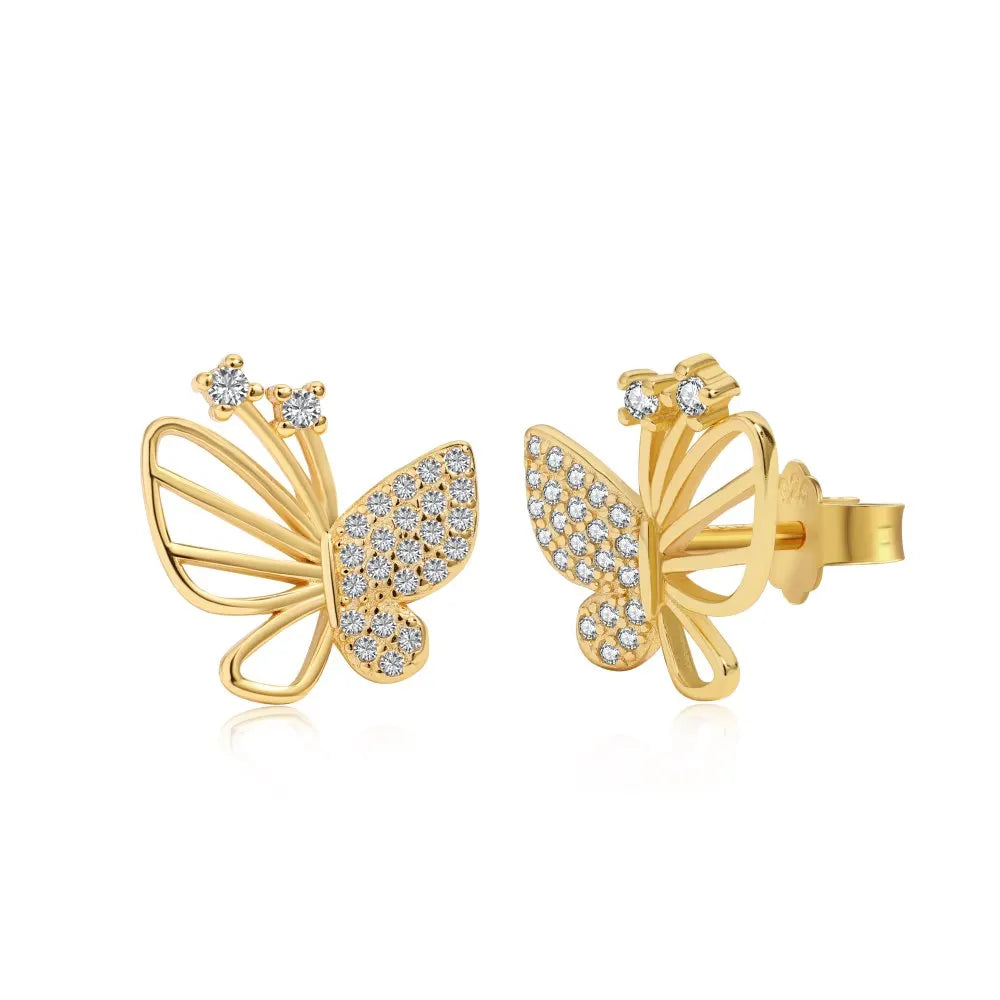 Silver Zircon Round Cut Hollow Inlaid Butterfly Ear Studs