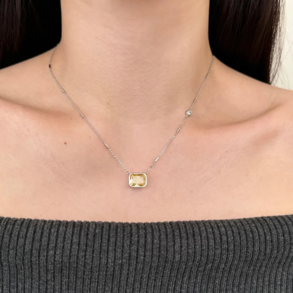 Silver Zircon Radiant Cut Brushed Single Pendant Necklace