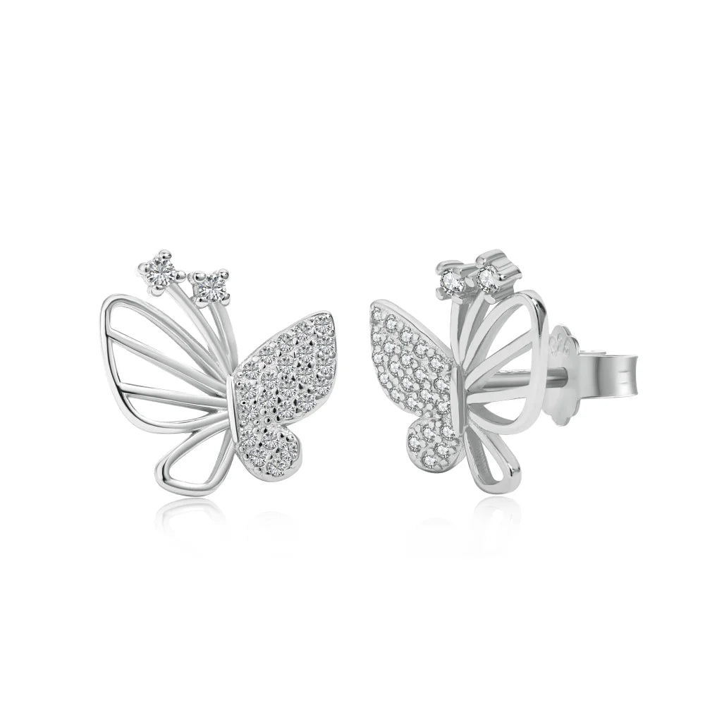 Silver Zircon Round Cut Hollow Inlaid Butterfly Ear Studs