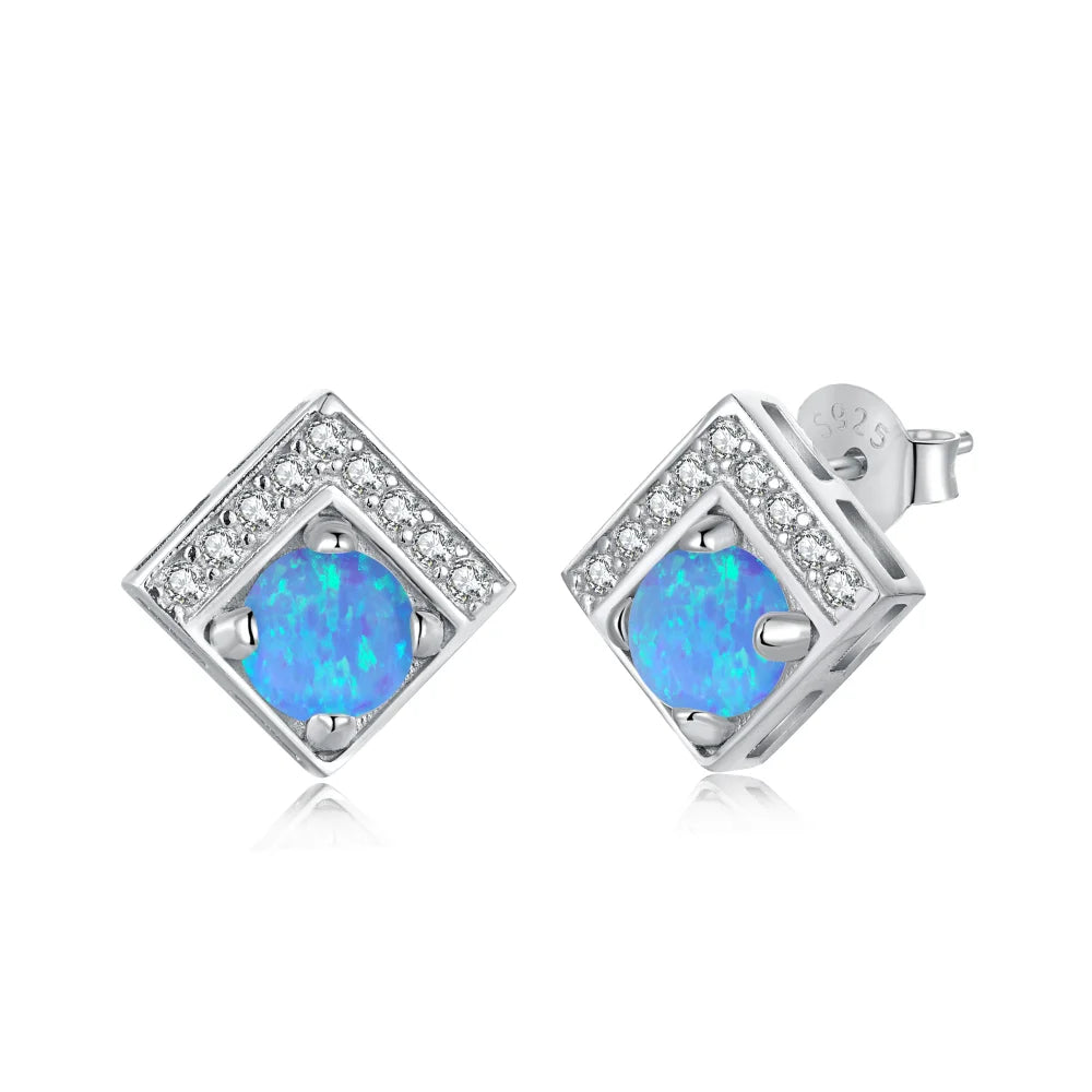 Silver Opal Round Cut Squared Ear Studs