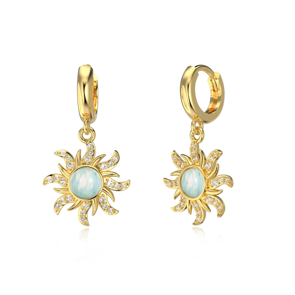 Silver Opal Round Cut Sunshine Huggie Earrings