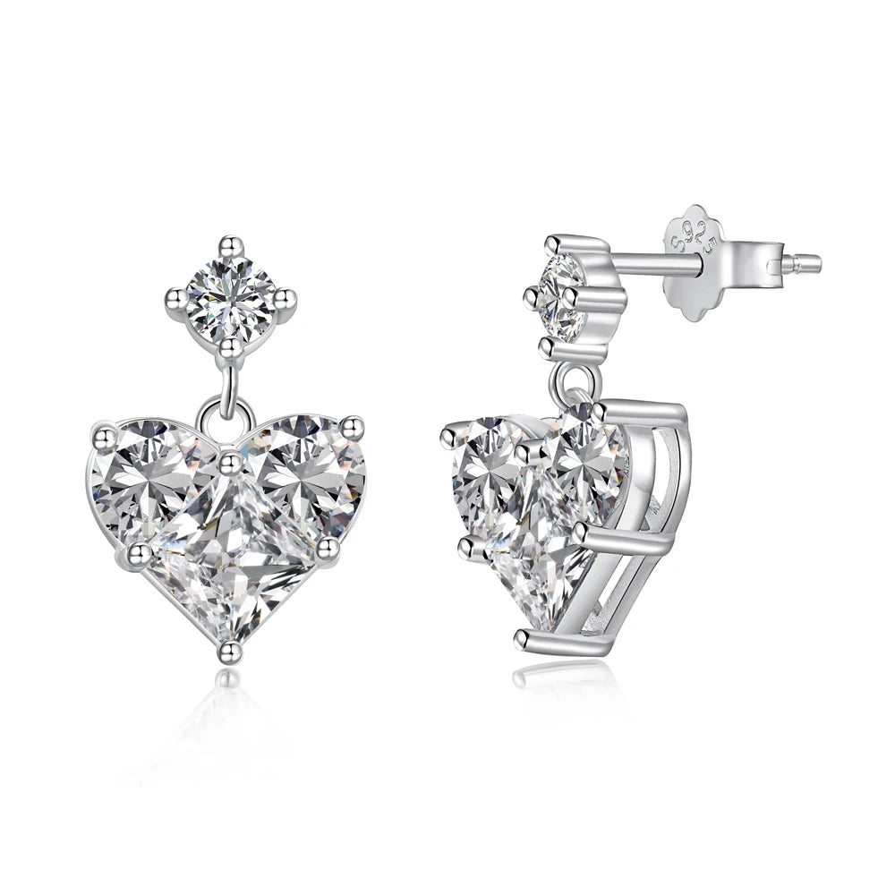 Silver Zircon Princess Cut Heart Drop Earrings