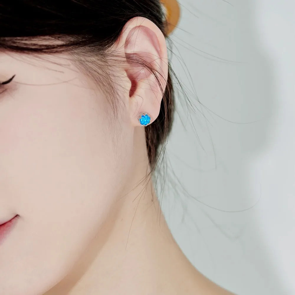 Silver Opal Round Cut Wrapped Ear Studs