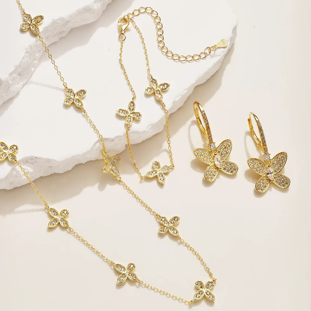 Silver Zircon Round Cut Butterfly Chain Necklace