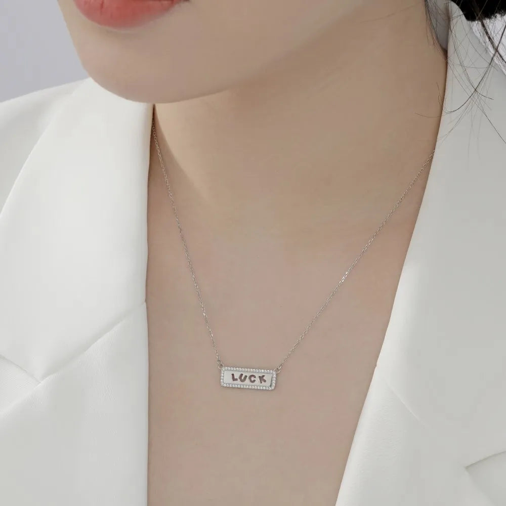 Silver Zircon Round Cut Luck Bar Necklace