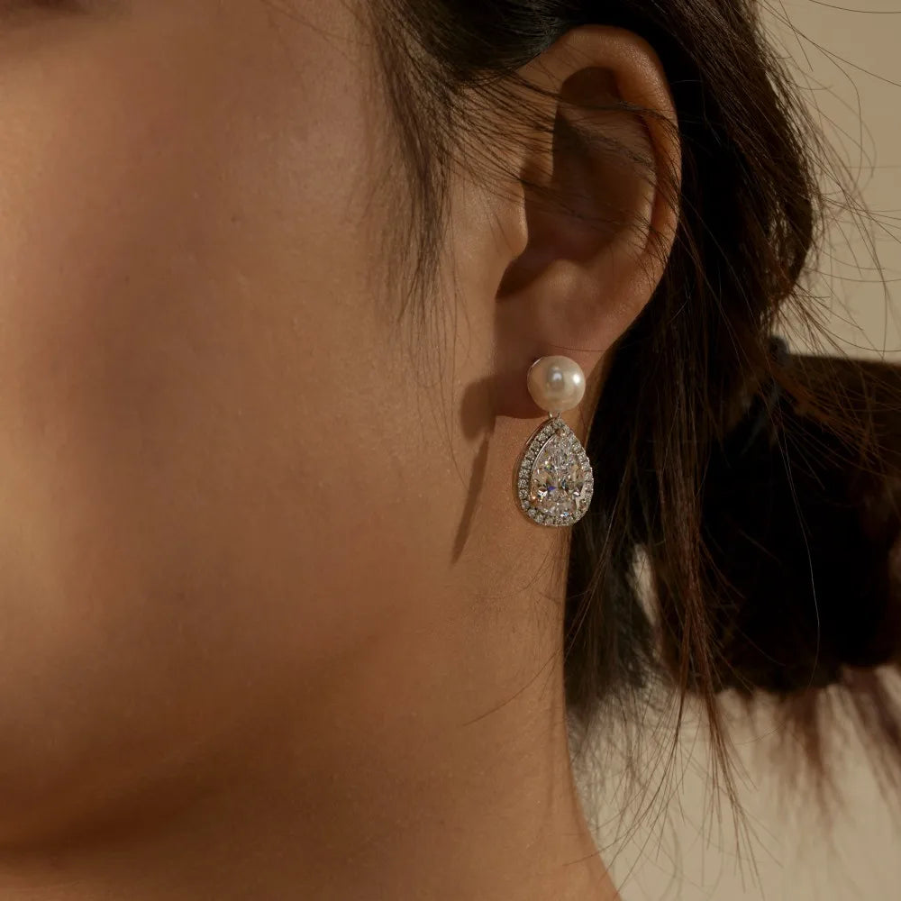 Silver Zircon Pear Cut Water Drop Drop Earrings