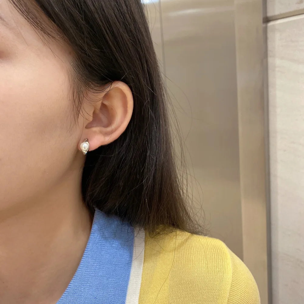 Silver Pearl Chunky Huggie Earrings