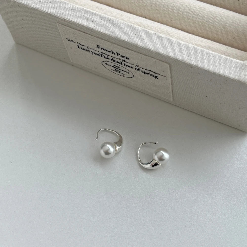 Silver Pearl Geometric Hook Drop Earrings