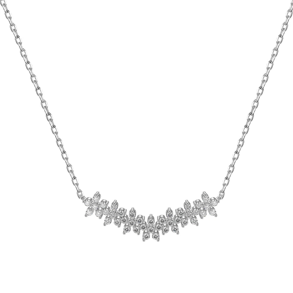 Silver Zircon Round Cut Inlaid Layered Flower Bar Necklace