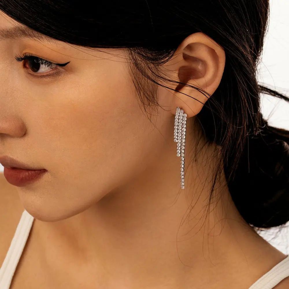 Silver Zircon Round Cut Cubic Tassel Drop Earrings