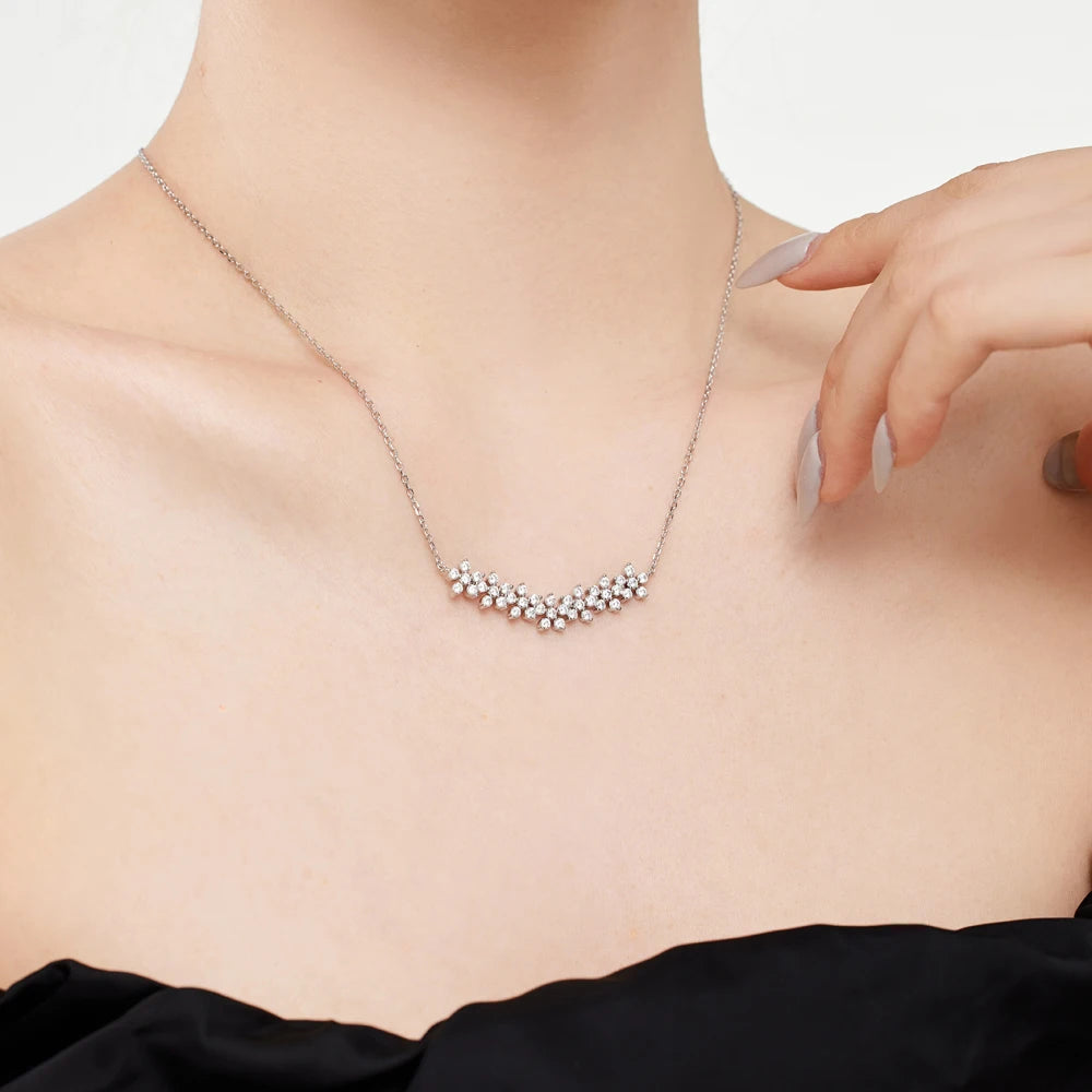 Silver Zircon Round Cut Inlaid Layered Flower Bar Necklace