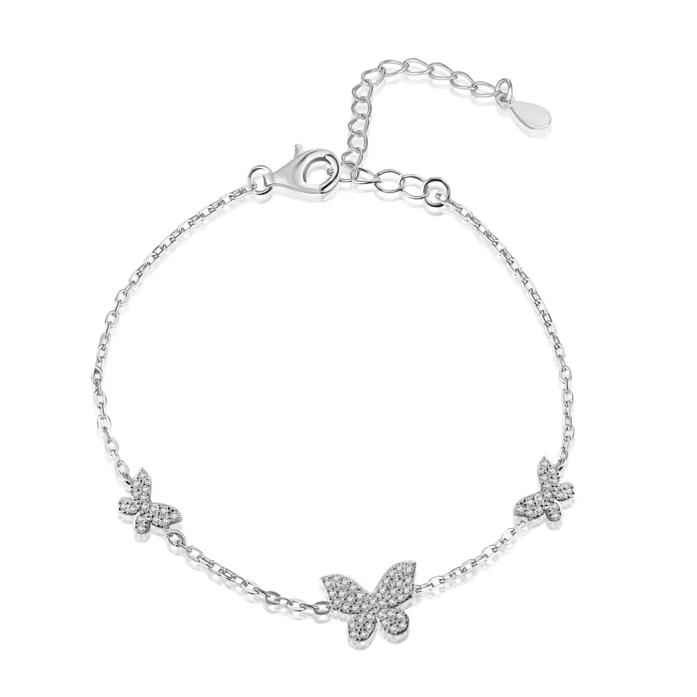 Silver Zircon Round Cut Butterfly Chain Bracelet