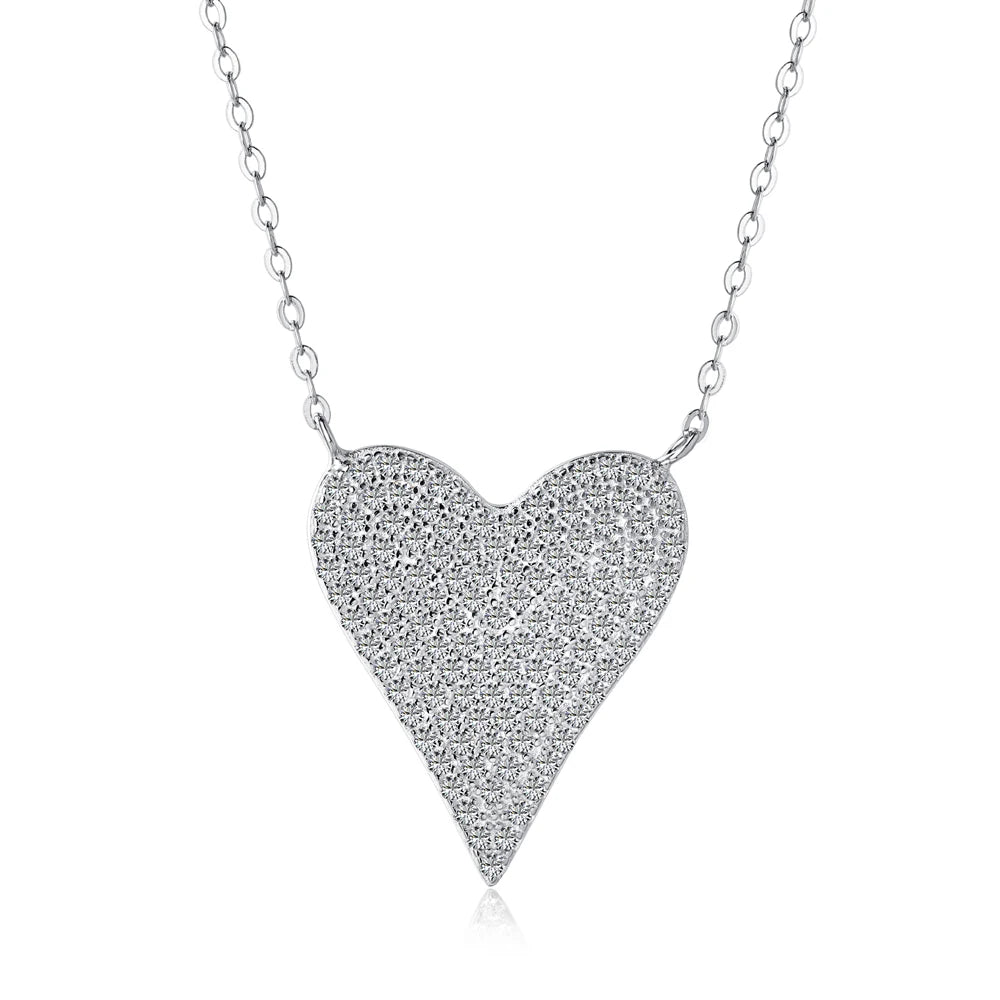 Silver Zircon Round Cut Big Iced Heart Pendant Necklace