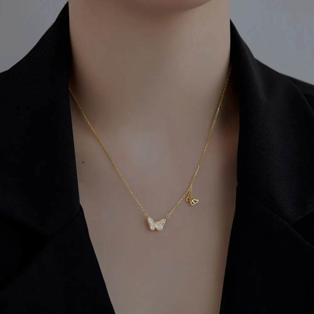 Silver Zircon Marquise Cut Inlaid Butterfly Pendant Necklace