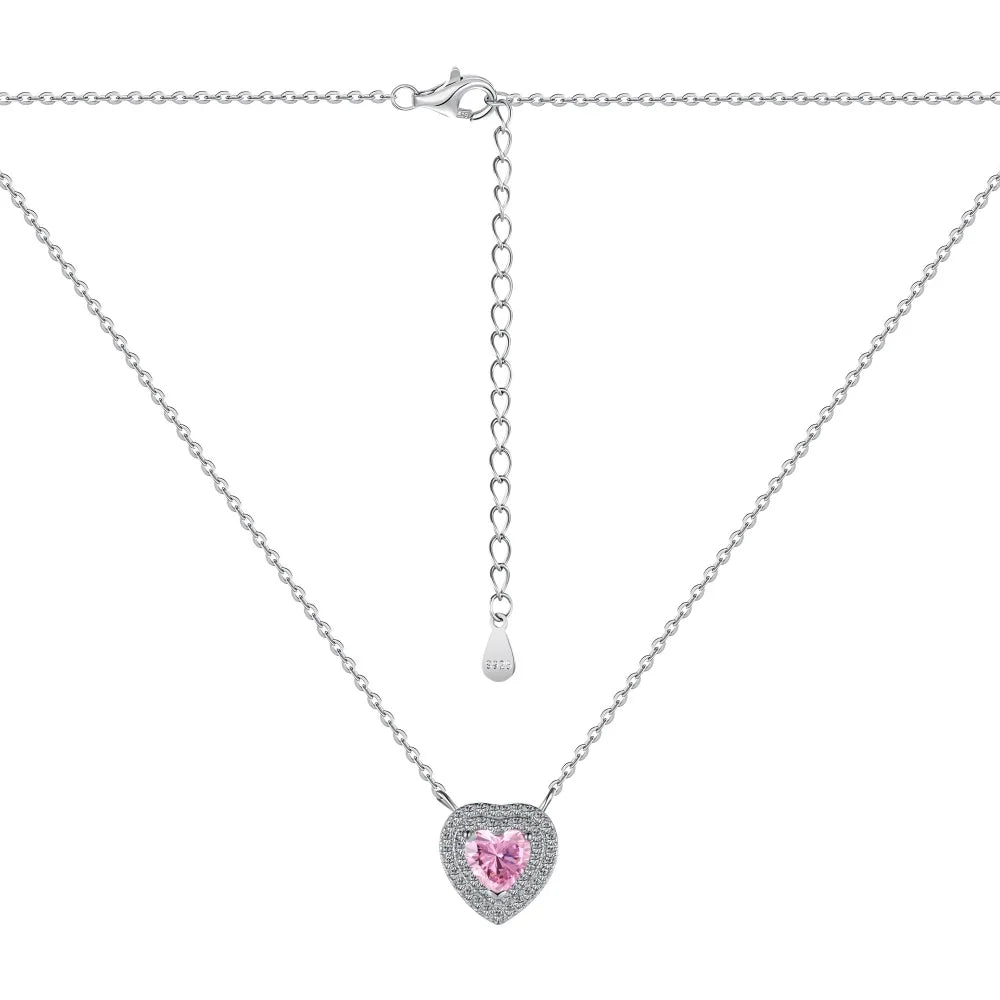 Silver Zircon Heart Cut Iced Halo Pendant Necklace