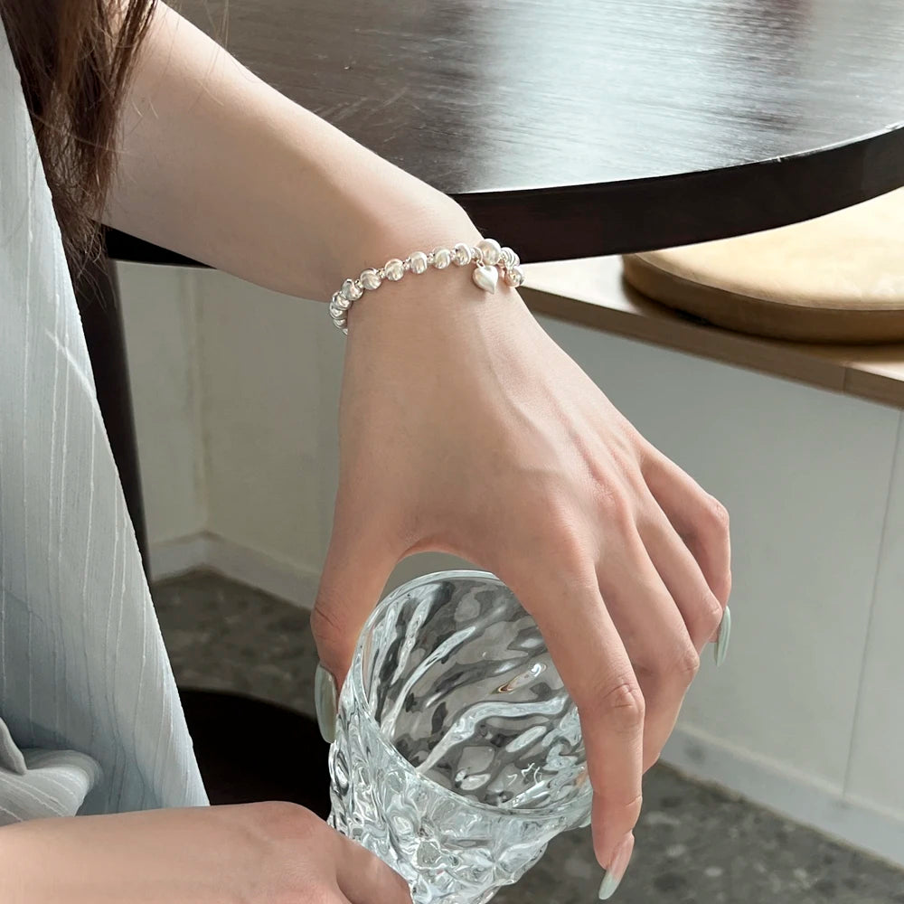 Silver Pearl Heart Bangle Beaded Bracelet