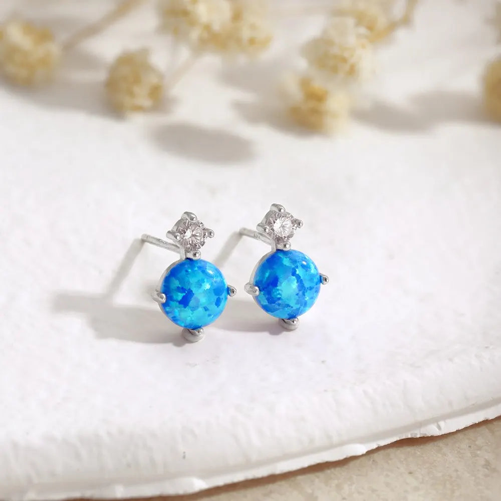 Silver Opal Round Cut Simple Ear Studs