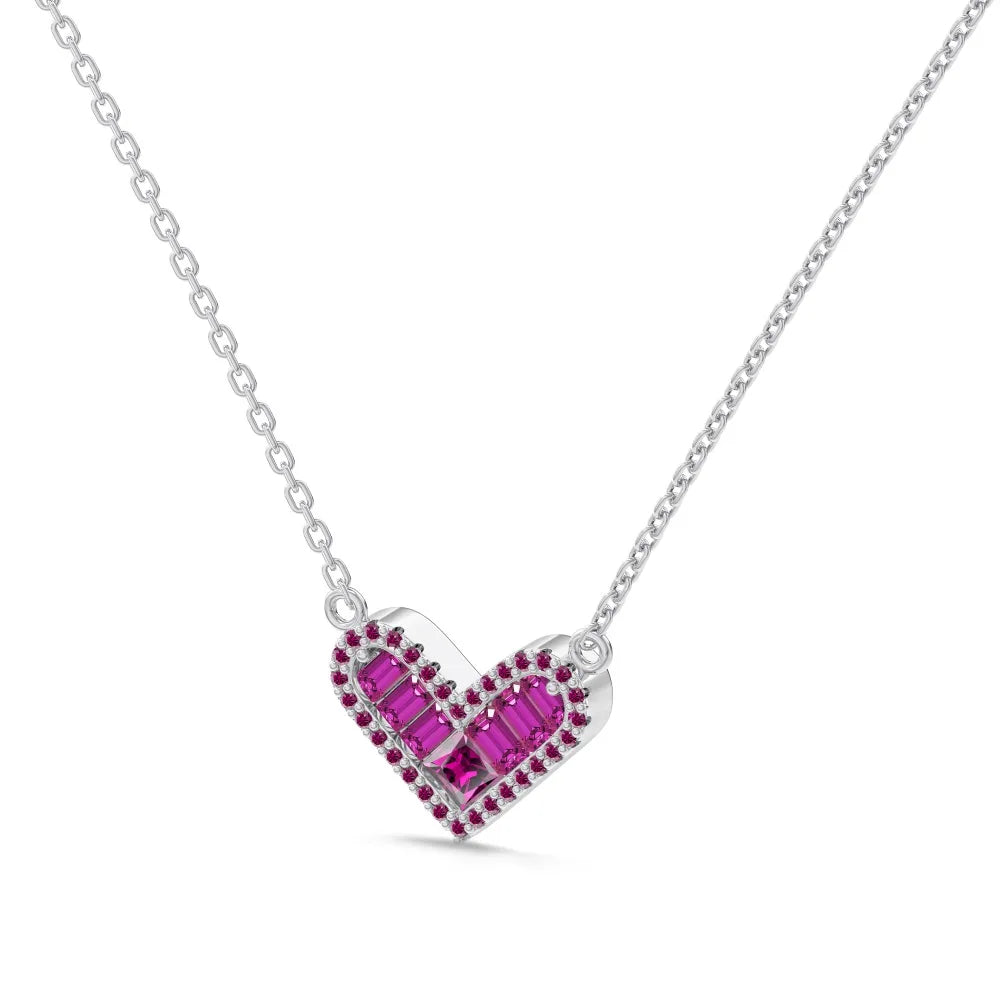 Silver Zircon Princess Cut Iced Halo Heart Pendant Necklace